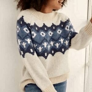 Aerie Sweater Women's S Cream Blue Fair Isle Nordic Chunky Wool Blend Oversized